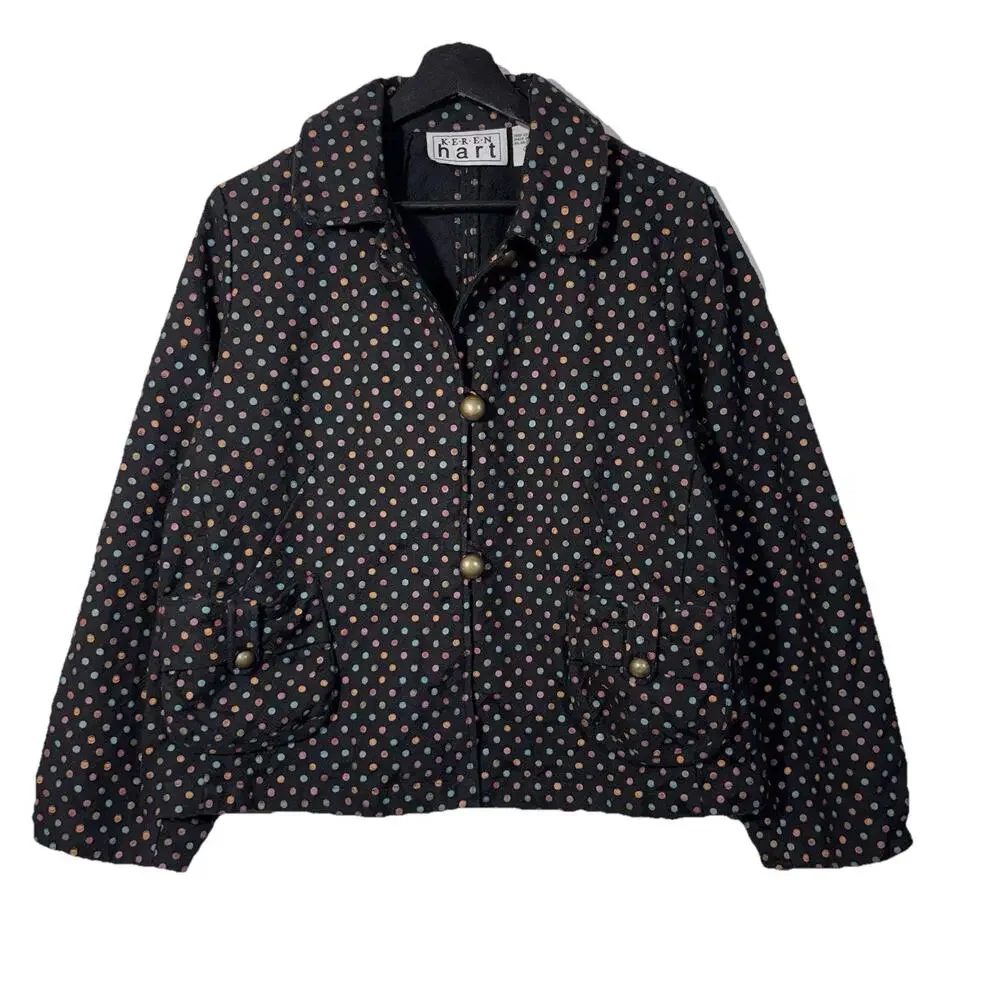 Polka Dot Jacket Black Cotton Vintage Keren Hart Medium Jewel Tone Pockets
